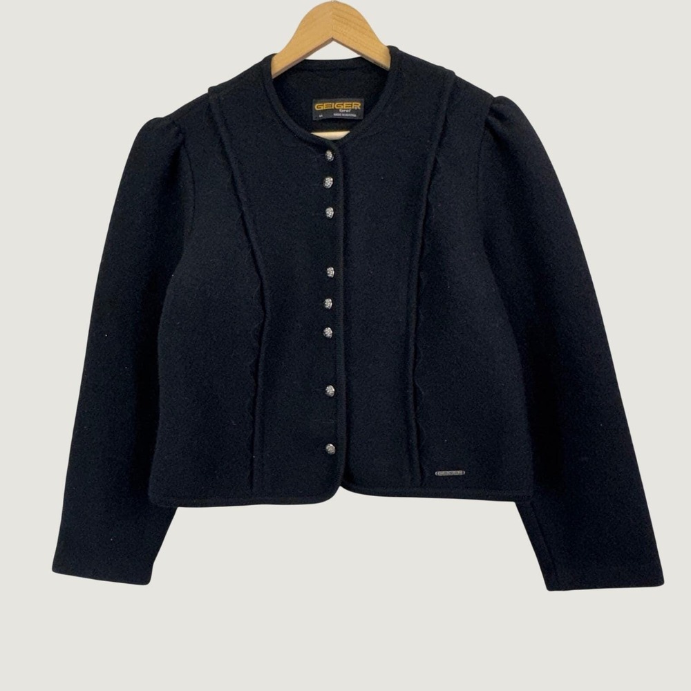 Geiger Tyrol Boiled Wool Jacket 44 VTG L Black Austrian Trachten Cardigan Blazer